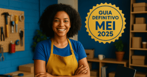 Empreendedora feliz com seu negócio lendo o guia MEI 2025 da GG Contabilidade.