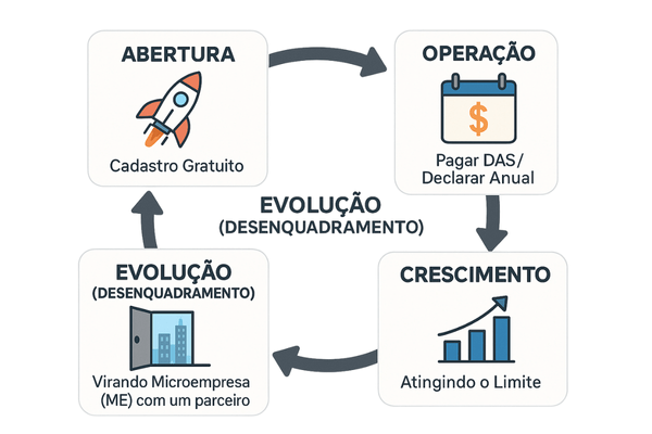 Infográfico mostrando o ciclo de vida do MEI, da abertura gratuita até o crescimento e desenquadramento para Microempresa.