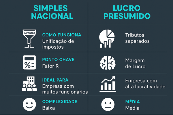 Infográfico comparando as principais diferenças entre Simples Nacional ou Lucro Presumido para empresas de serviço.