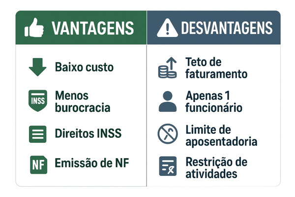 Infográfico comparando os prós e contras de ser MEI, como o baixo custo e o limite de faturamento.