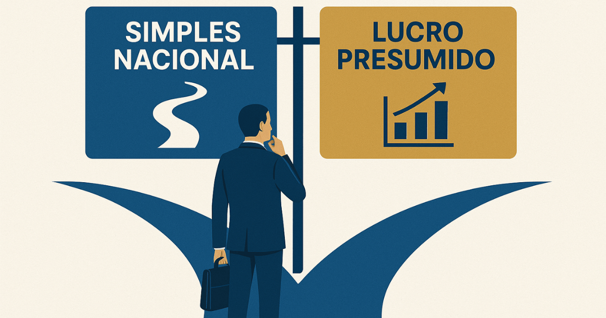 Empresário em uma encruzilhada decidindo entre Simples Nacional ou Lucro Presumido.