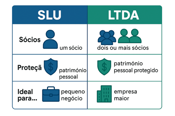 Tabela comparativa mostrando as diferenças entre LTDA ou SLU em número de sócios, proteção patrimonial e gestão.