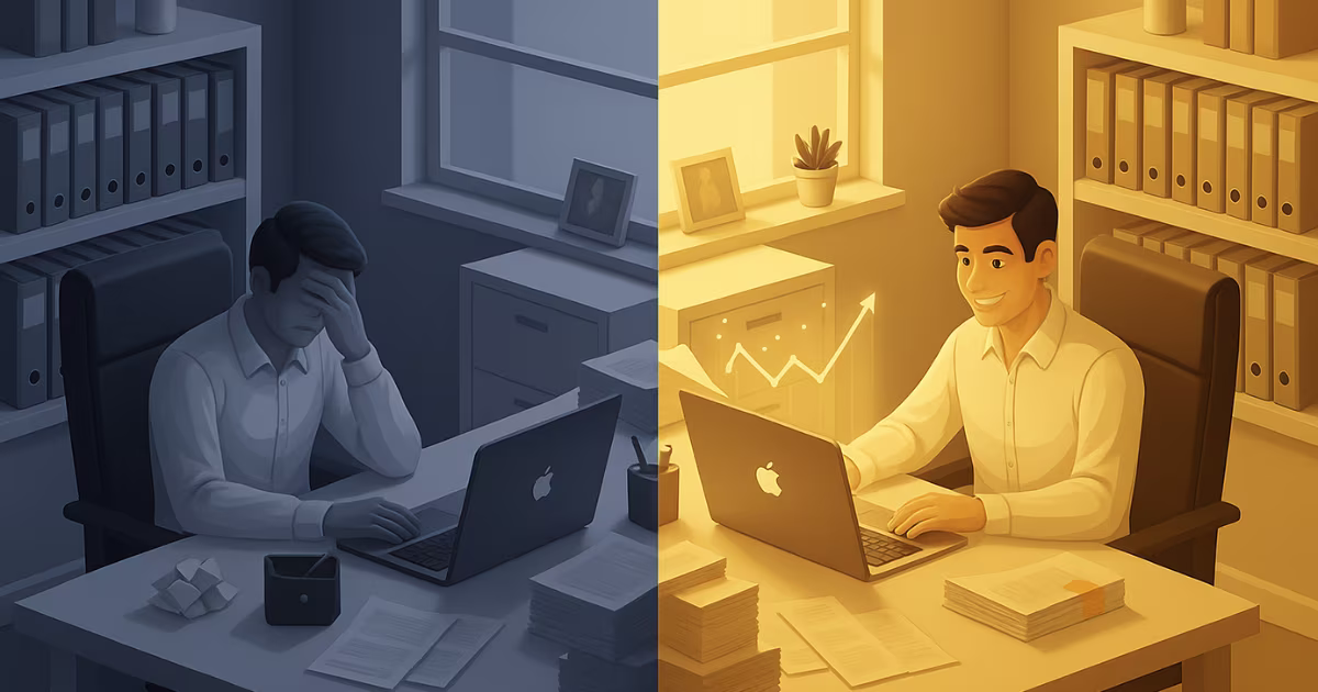 Imagem mostrando a transformação do caos para a ordem na gestão financeira de uma PME de serviço.