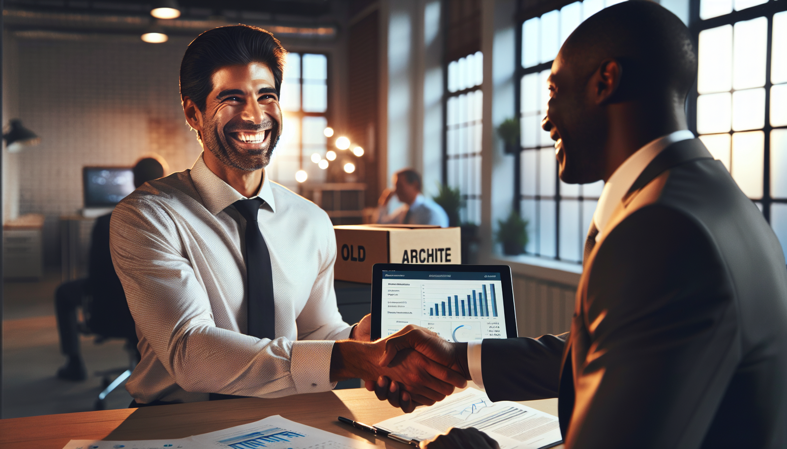 Empresário em São Paulo aperta a mão de seu novo contador consultivo da GG, aliviado após trocar de contador.