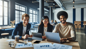 Empresário de São Paulo com sua equipe planejando a contratação do segundo funcionário.